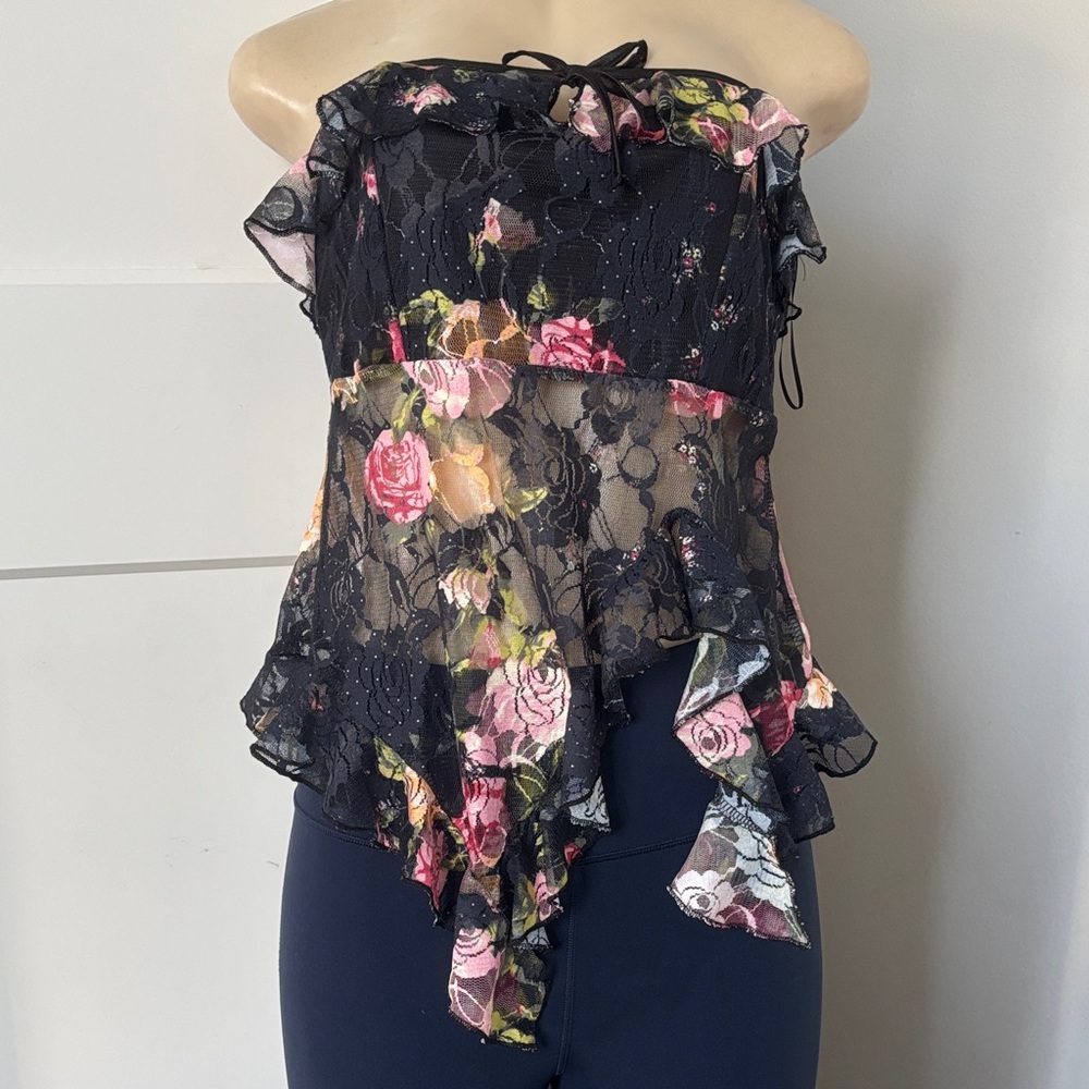 NWT Urban Outfitters Black Floral Lace Asymmetric Ruffle top